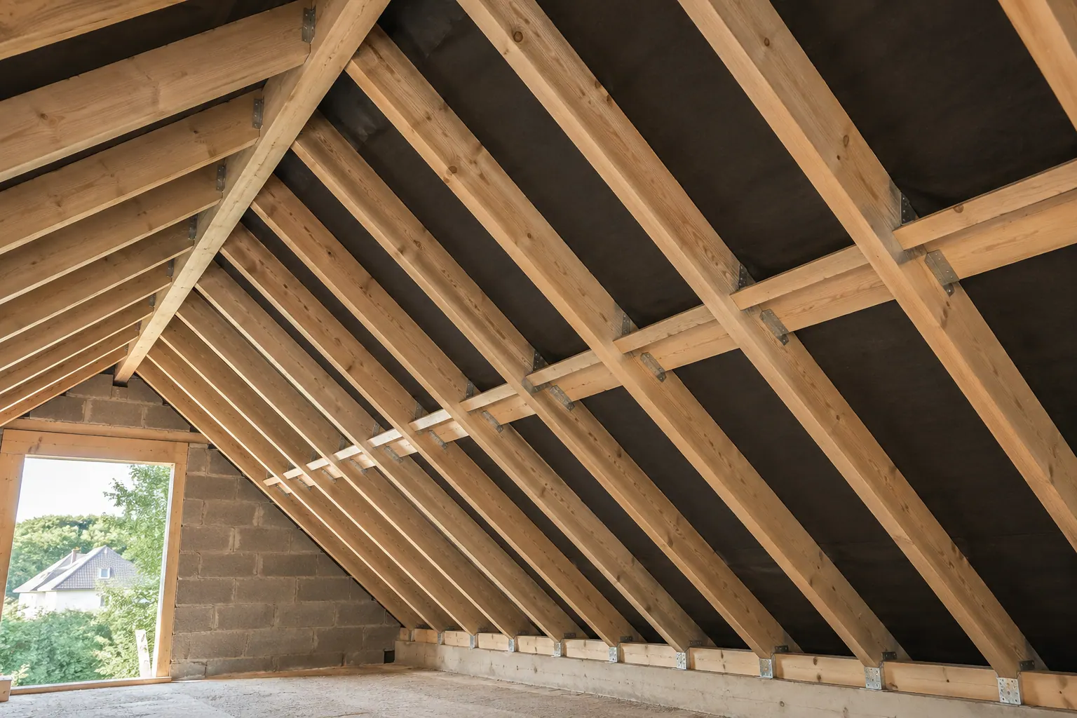 Chevrons en bois neufs constituant la structure d'une charpente de toiture