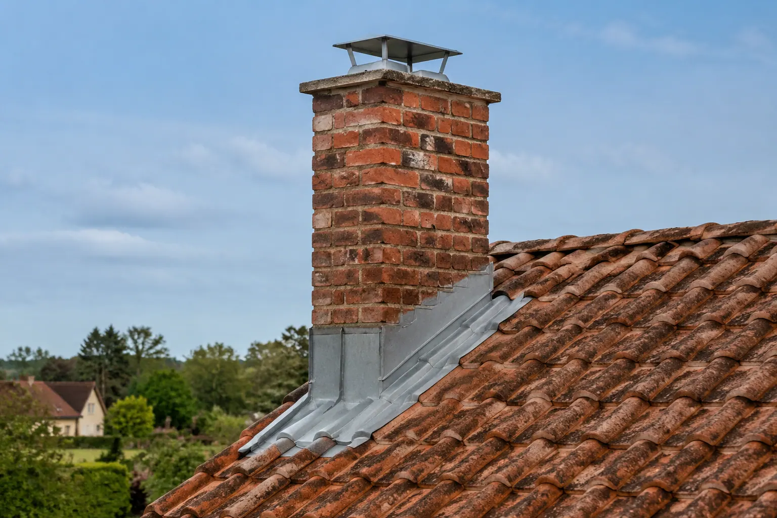 Souche de cheminée maçonnée émergeant d'une toiture, solin et mitre en place