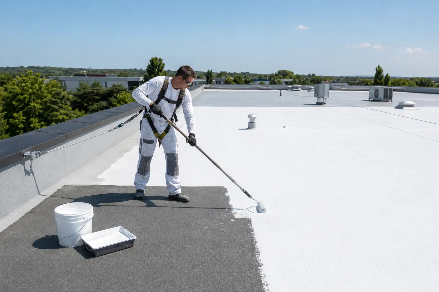 Chantier Cool Roof : application au rouleau d'un revêtement blanc thermo-réflectif sur une toiture-terrasse