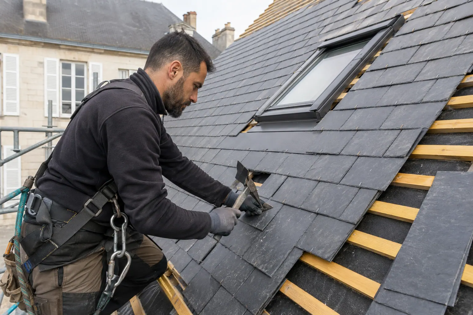 Couvreur harnaché progressant sur une toiture en ardoise à forte pente