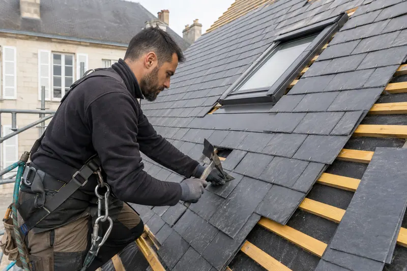Couvreur harnaché progressant sur une toiture en ardoise à forte pente