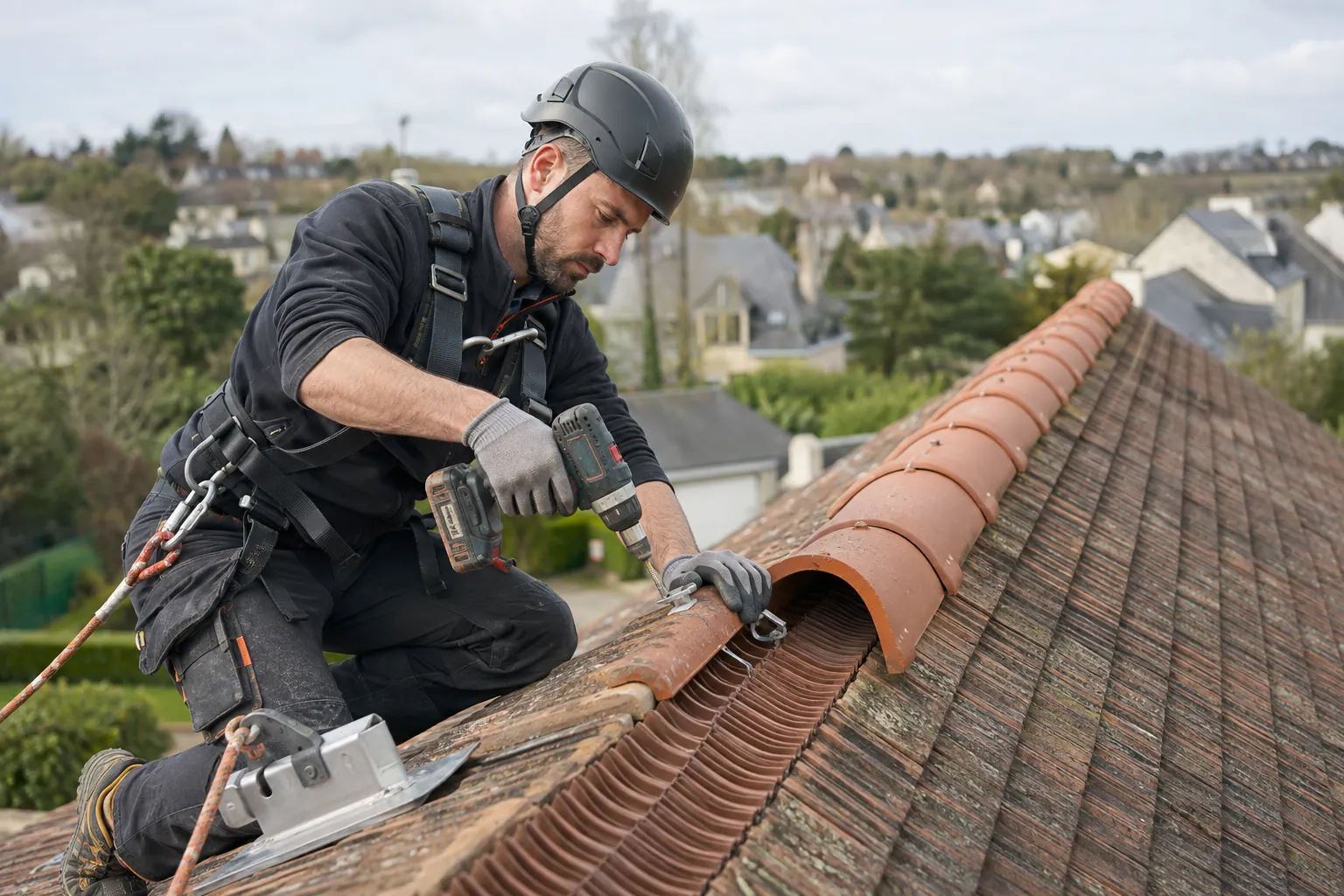 Couvreur fixant mécaniquement un faîtage à sec sur une toiture en tuiles