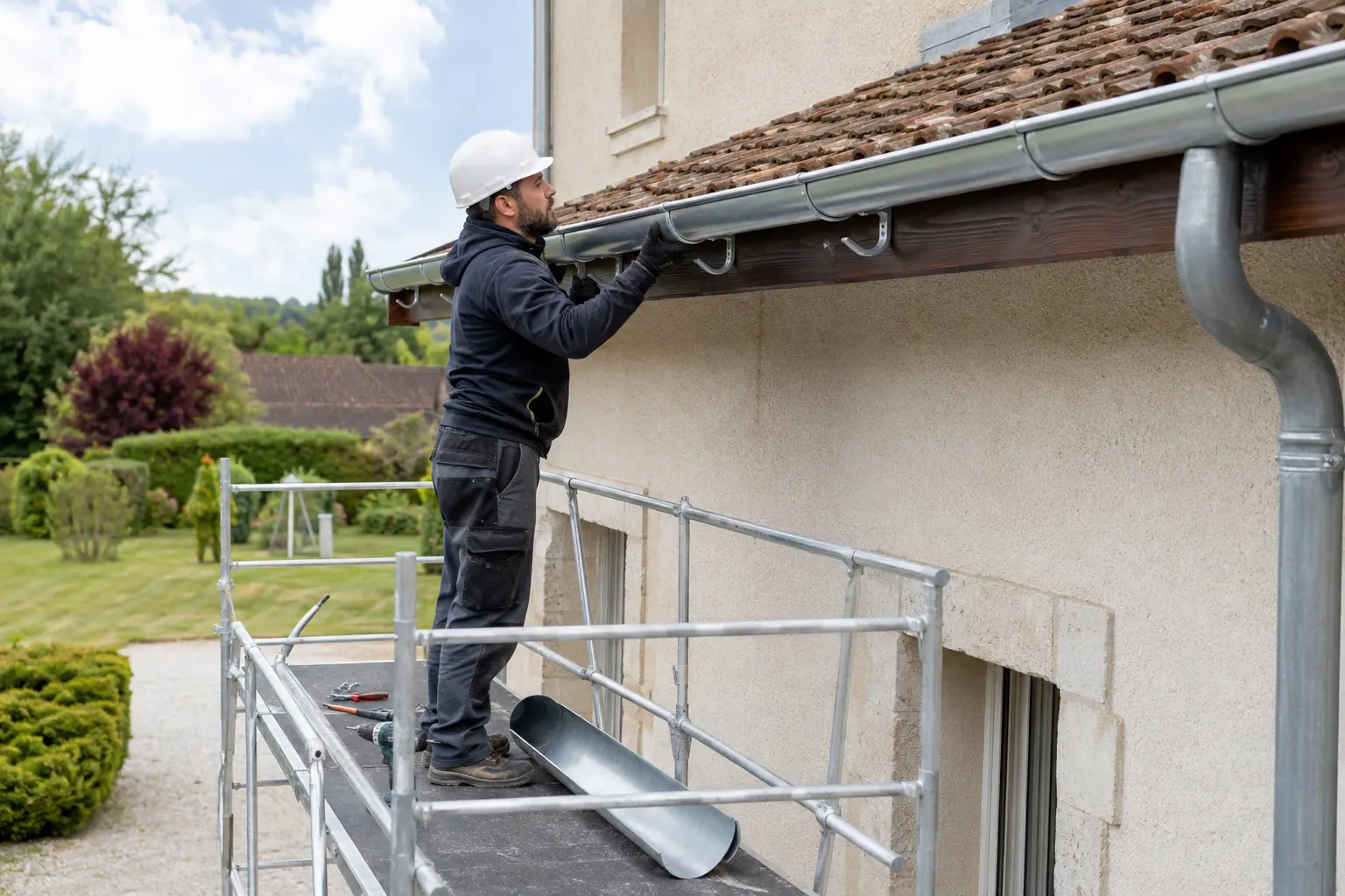 Couvreur remplaçant une gouttière en zinc depuis un échafaudage sécurisé