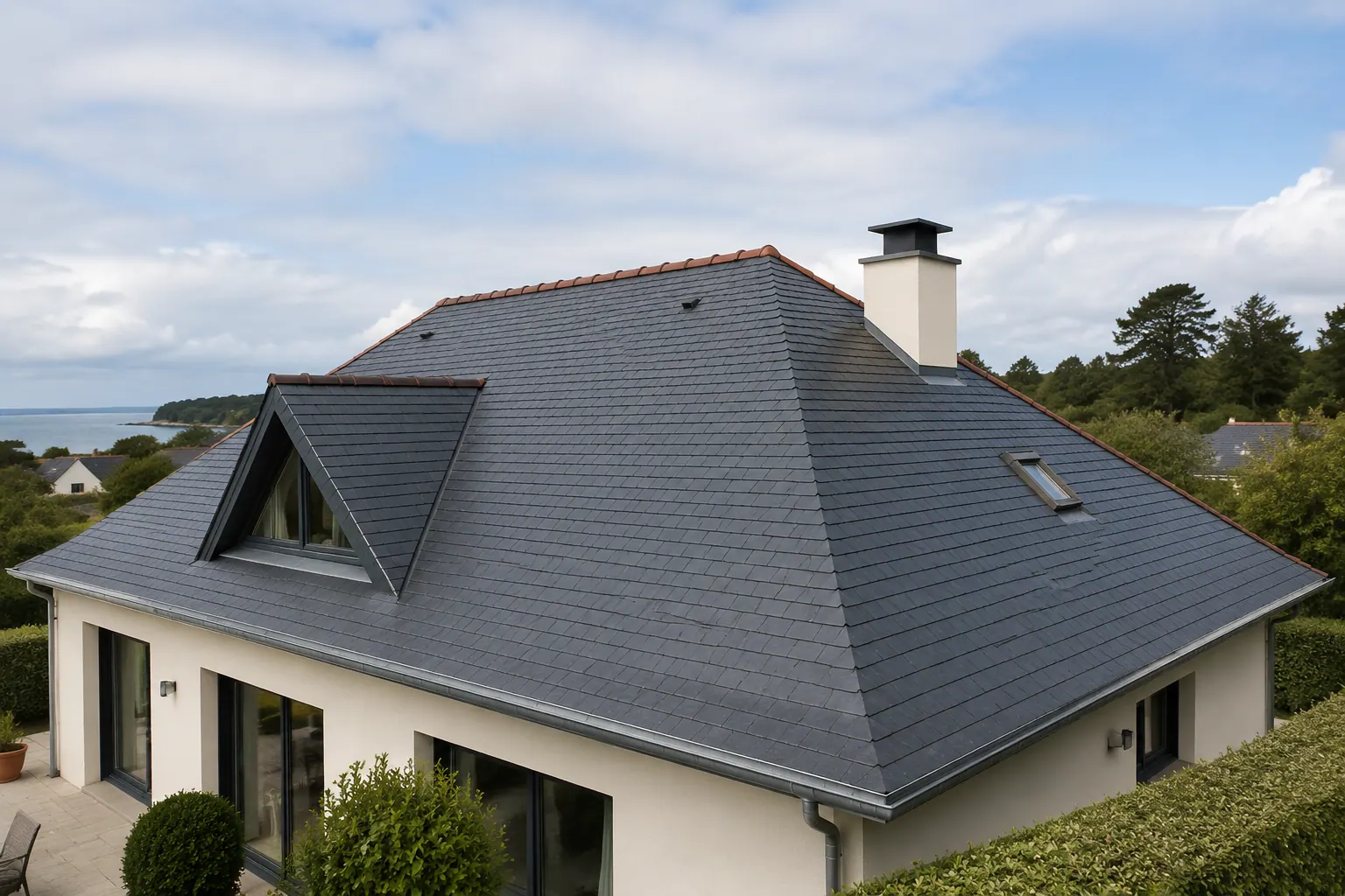 Maison contemporaine avec une couverture en ardoise neuve, vue en surplomb