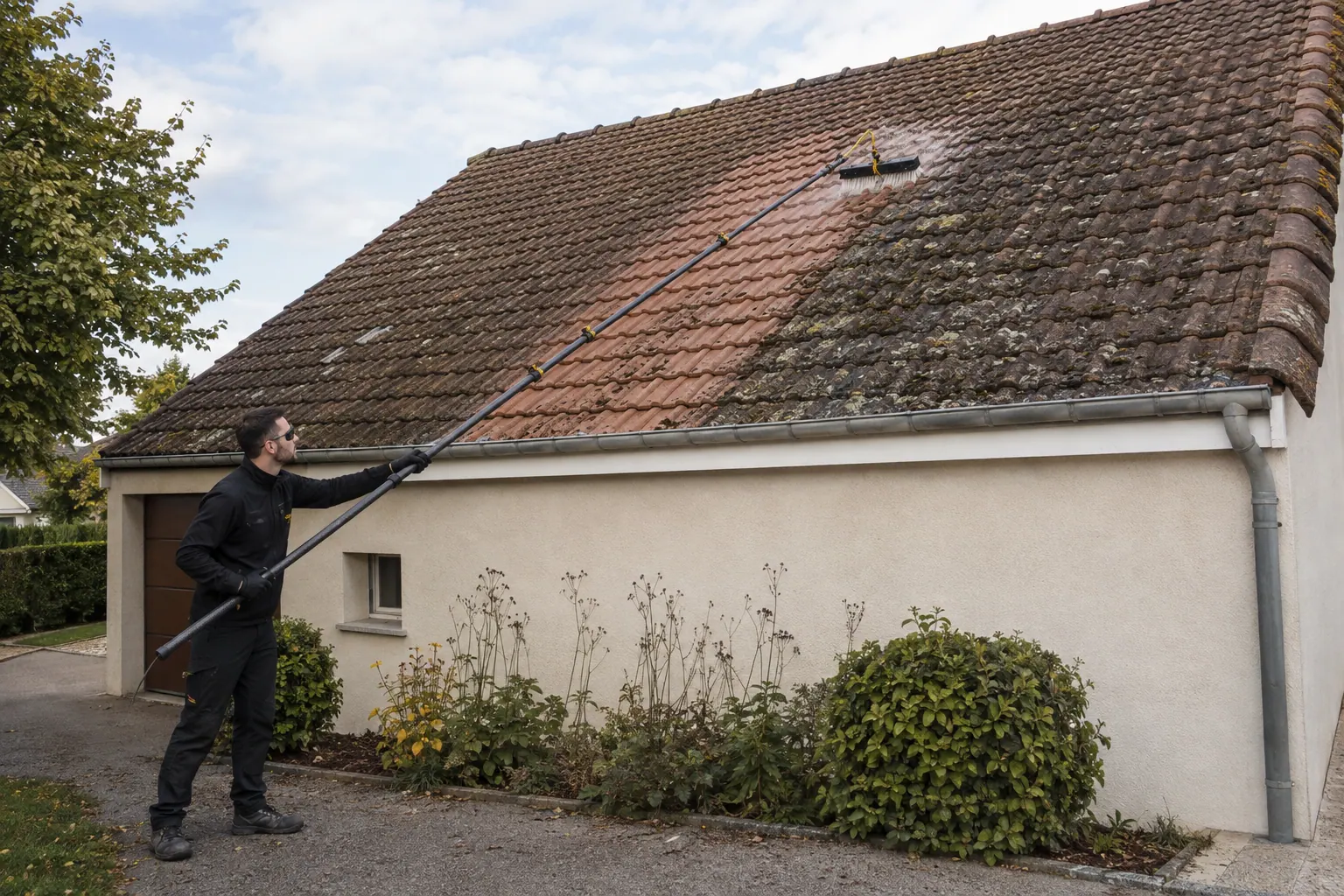 Nettoyage d'une toiture en tuiles depuis le sol à la brosse télescopique