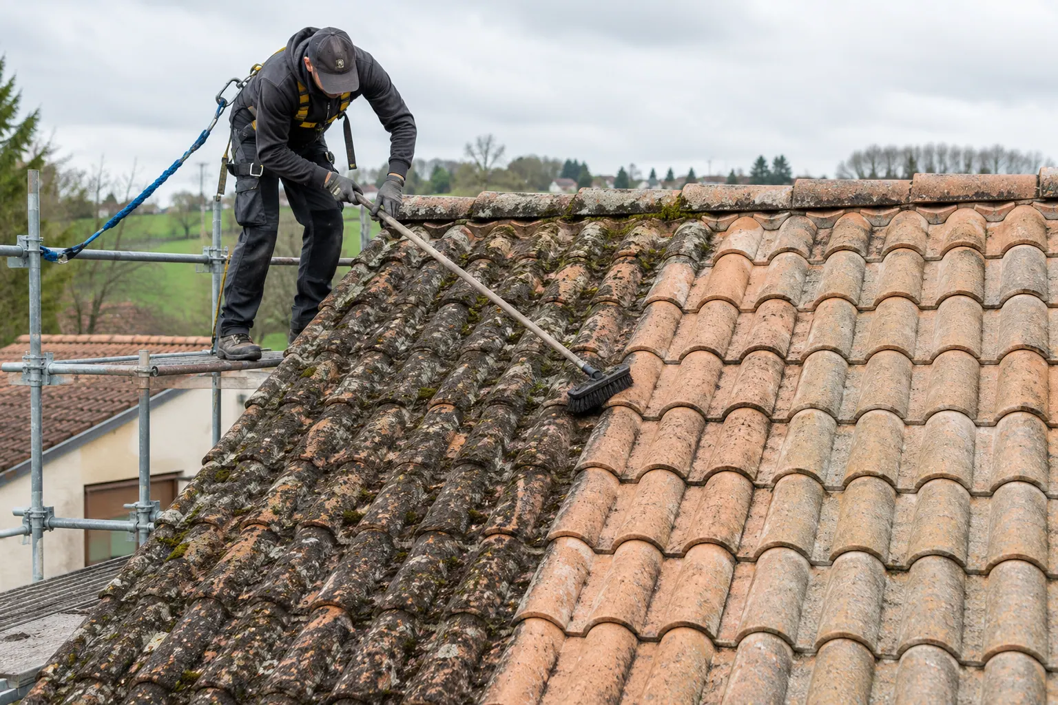 Démoussage manuel d'une toiture en tuiles au balai-brosse depuis un échafaudage