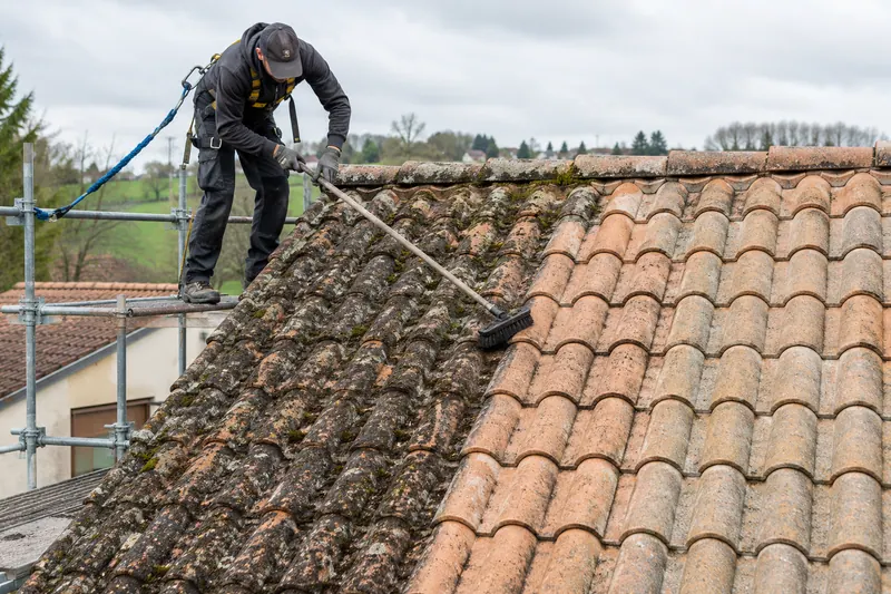 Démoussage manuel d'une toiture en tuiles au balai-brosse depuis un échafaudage
