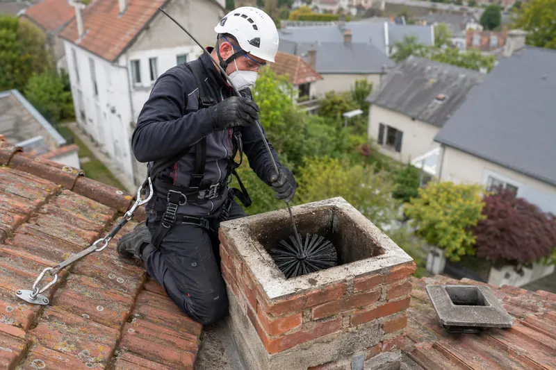 Professionnel effectuant le ramonage d'une cheminée depuis la toiture