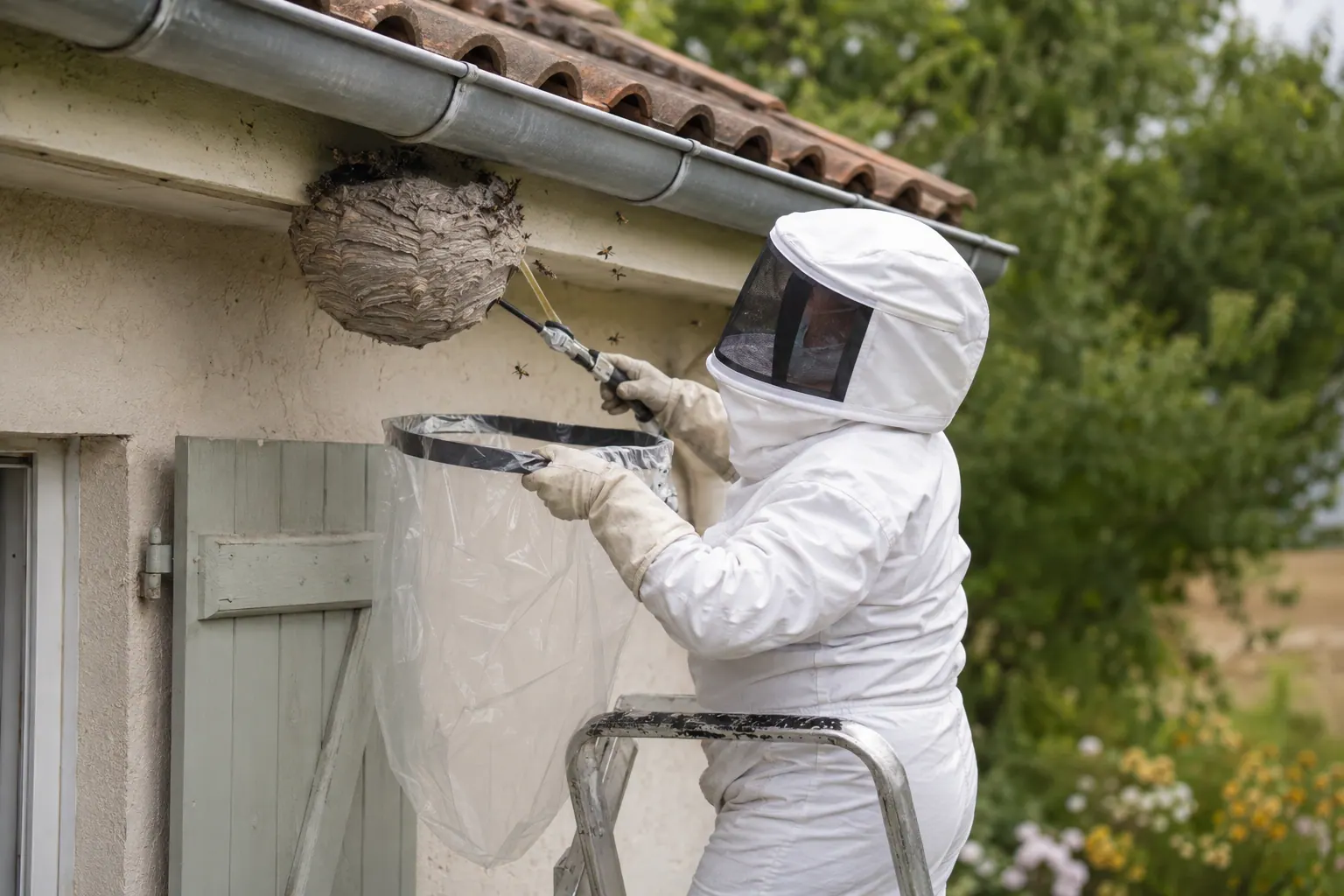 Professionnel en combinaison intégrale retirant un nid de frelons sous une toiture