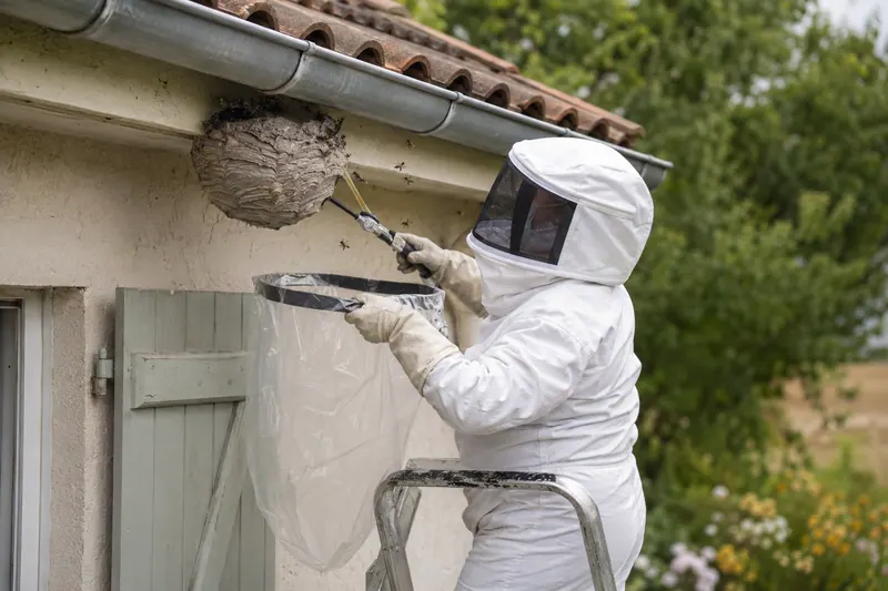 Professionnel en combinaison intégrale retirant un nid de frelons sous une toiture