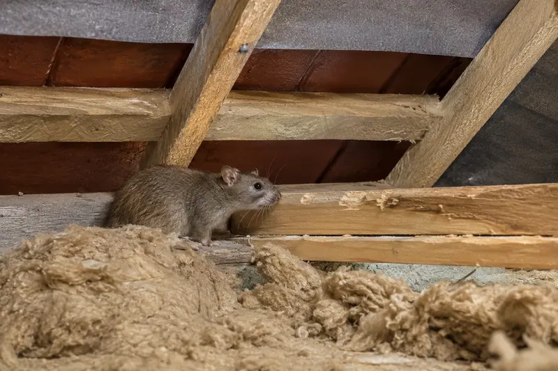Traces de rongeurs dans un comble : isolant fouillé le long de la sablière