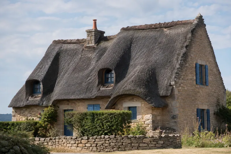 Toiture en chaume épaisse, faîtage protégé, pente très forte