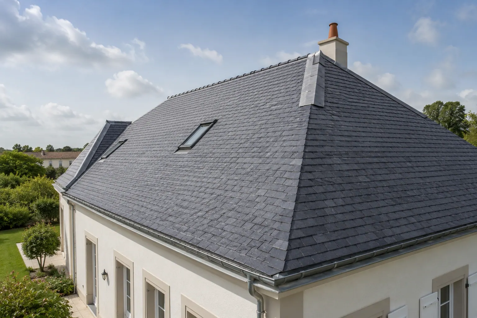 Toiture en ardoise naturelle sur une maison de maître, croupe et lucarne
