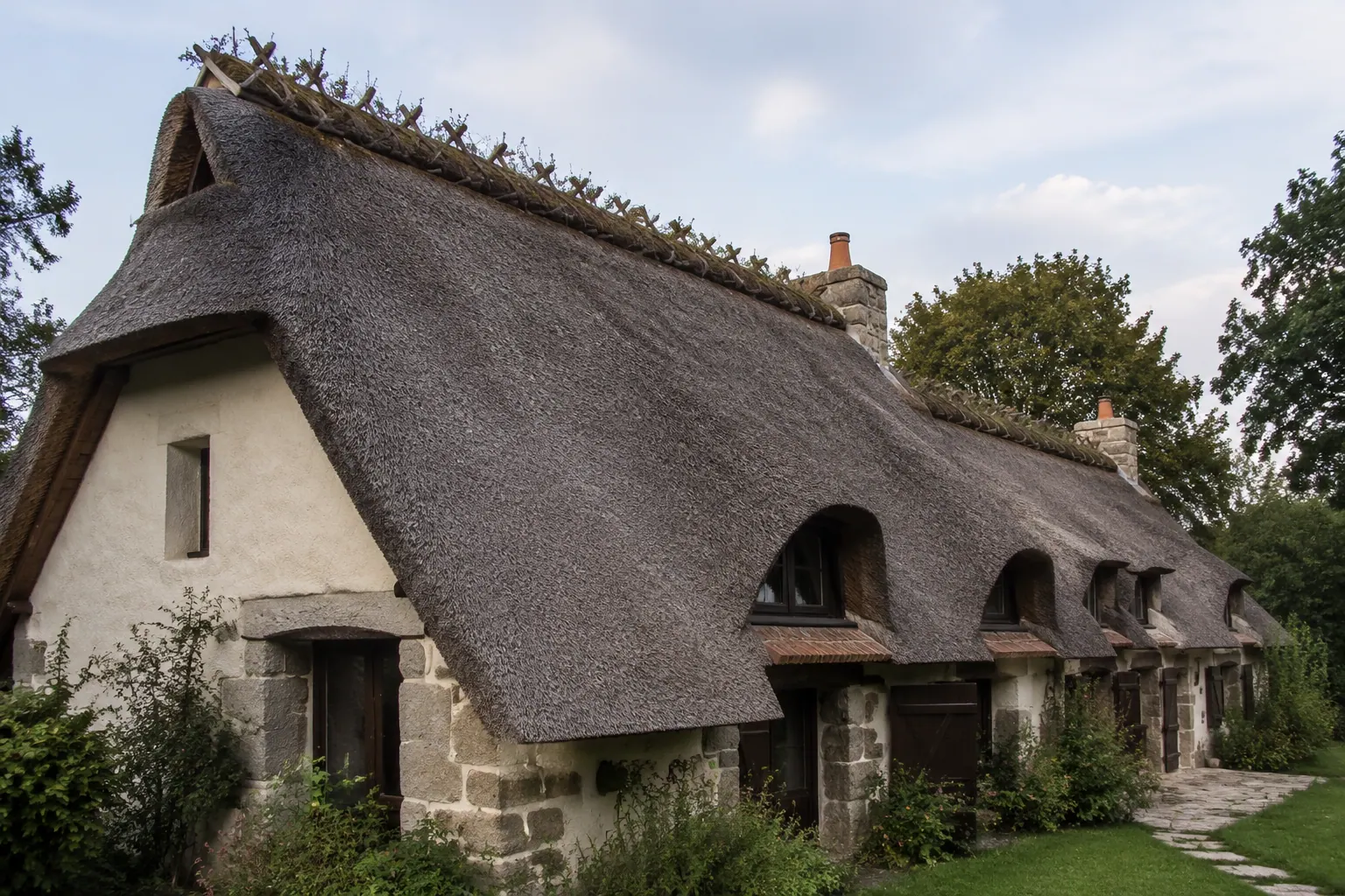 Maison coiffée d'une épaisse toiture en chaume, arêtiers et lucarnes façonnés