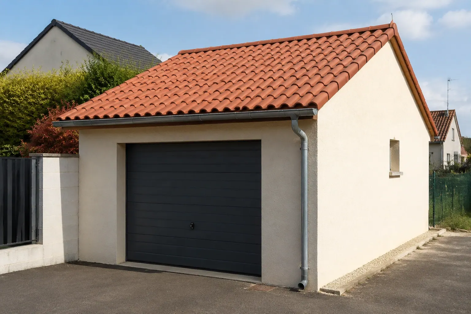 Toiture monopente d'un garage attenant, couverture légère et gouttière basse