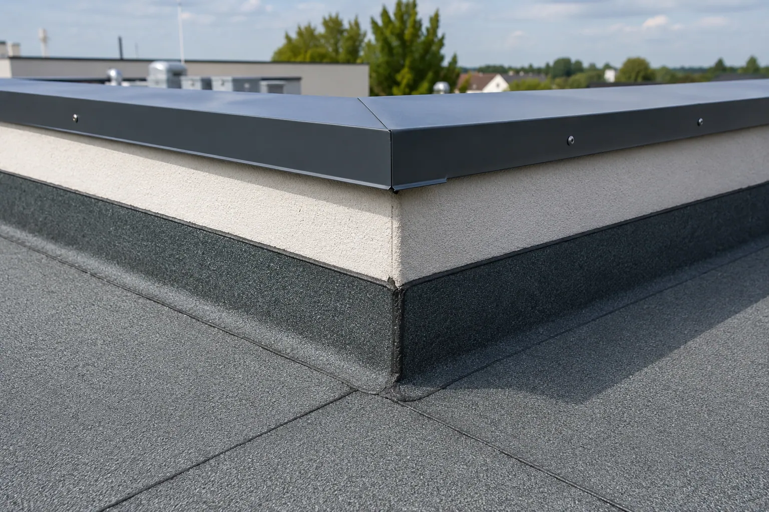 Toiture-terrasse avec relevé d'étanchéité bitumineux et couvertine métallique