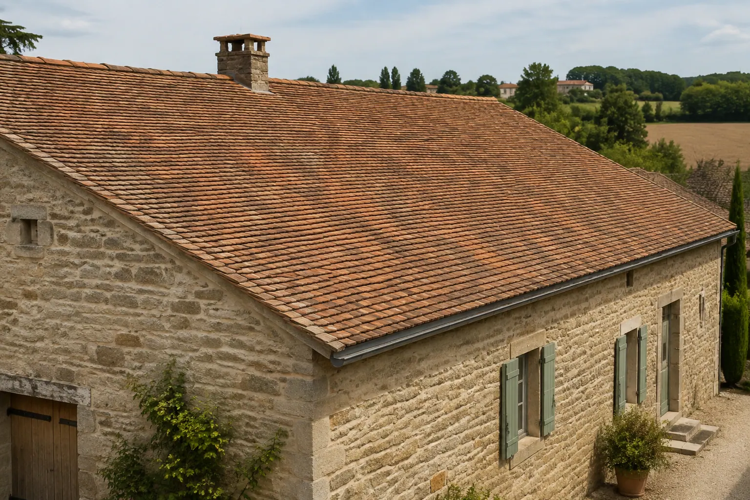 Toiture en petites tuiles plates de pays posées à joints croisés