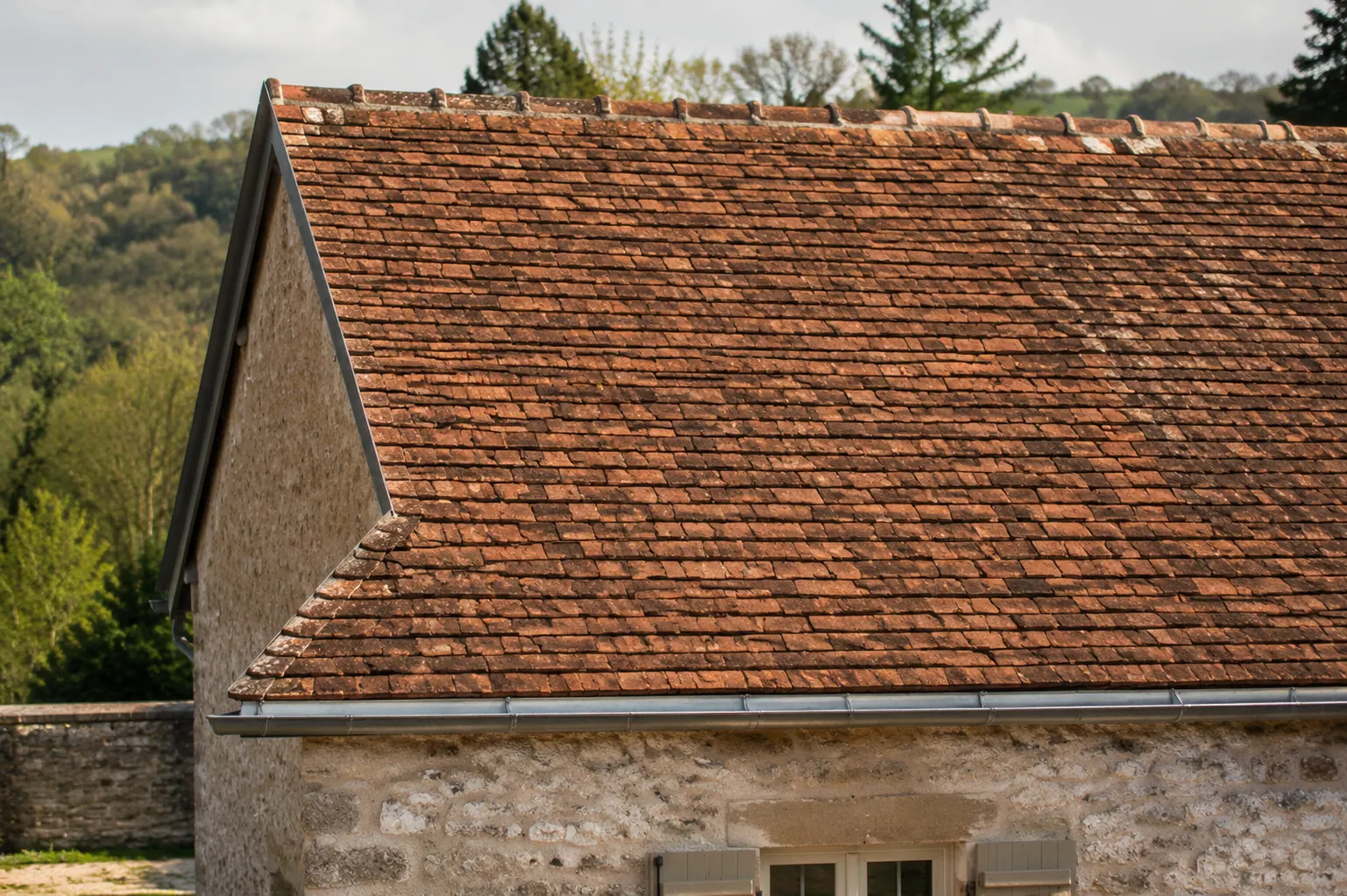 Toiture en tuiles de pays anciennes aux nuances naturelles et à l'aspect irrégulier