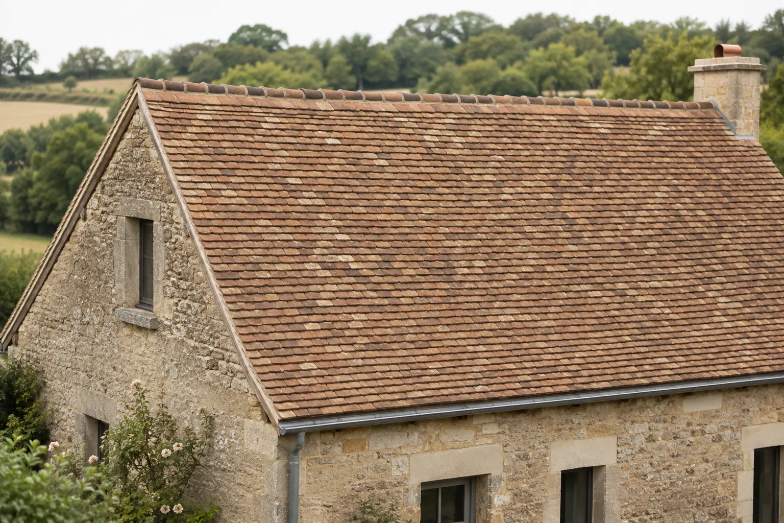 Toiture en tuiles plates de pays posées à joints croisés