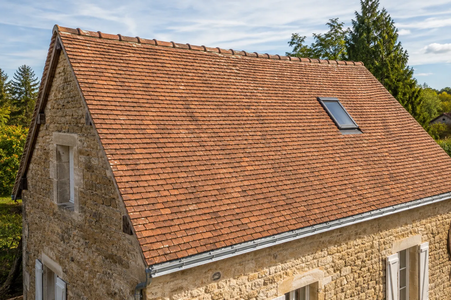 Toiture traditionnelle en tuiles plates sur une longère